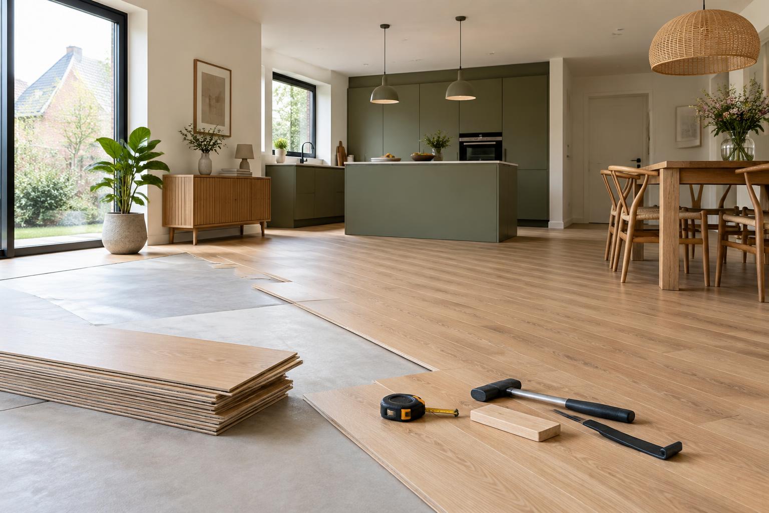 Illustratie van een lichte woning waarin een eiken laminaatvloer wordt gelegd